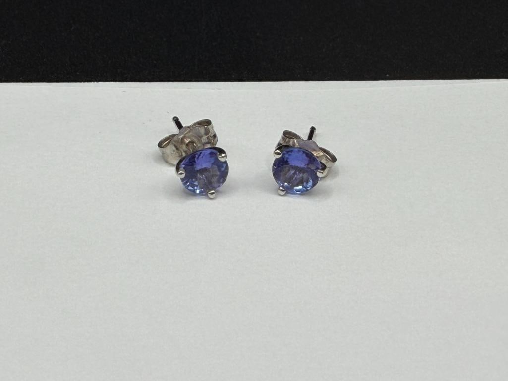 14K WHITE GOLD ROUND CUT TANZANITE POST EARRINGS - 2