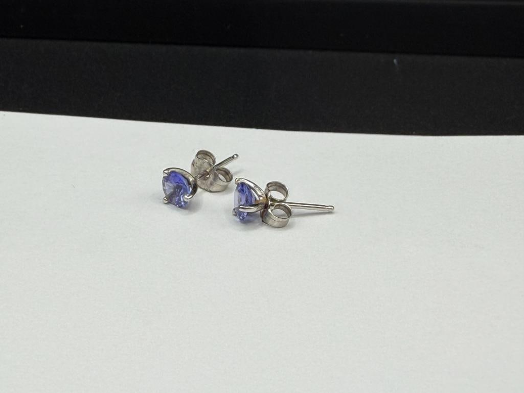 14K WHITE GOLD ROUND CUT TANZANITE POST EARRINGS - 3