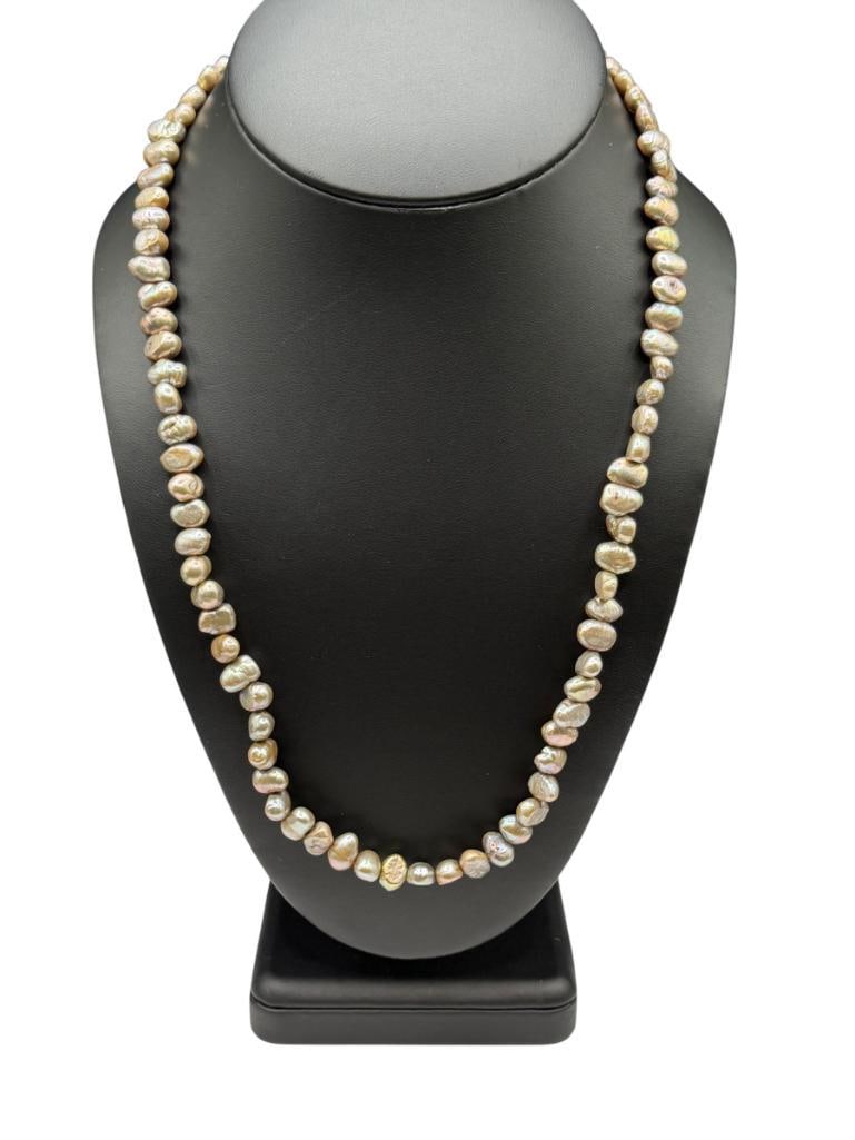 GREY PEARL NECKLACE WITH 14K YELLOW GOLD CLASP: 22", UP TO 10MM PEARLS