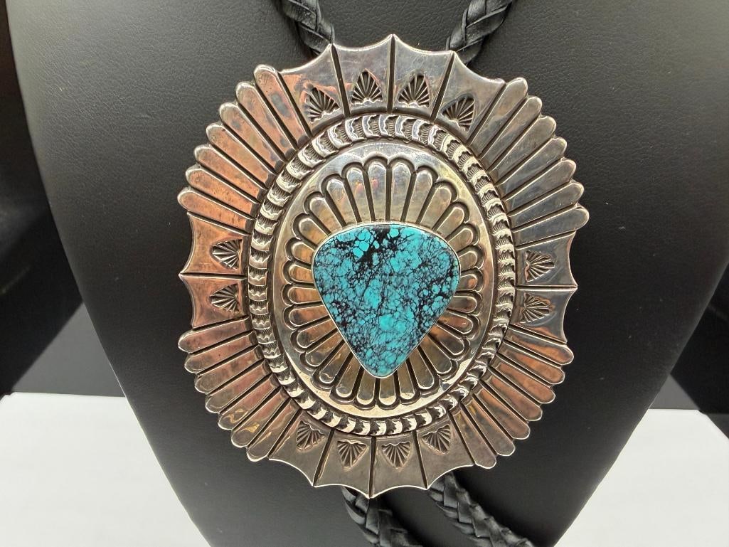 NAVAJO JOHN LA RON BEDONI SR ARTIST SIGNED STERLING SILVER TURQUOISE BOLO TIE - 2