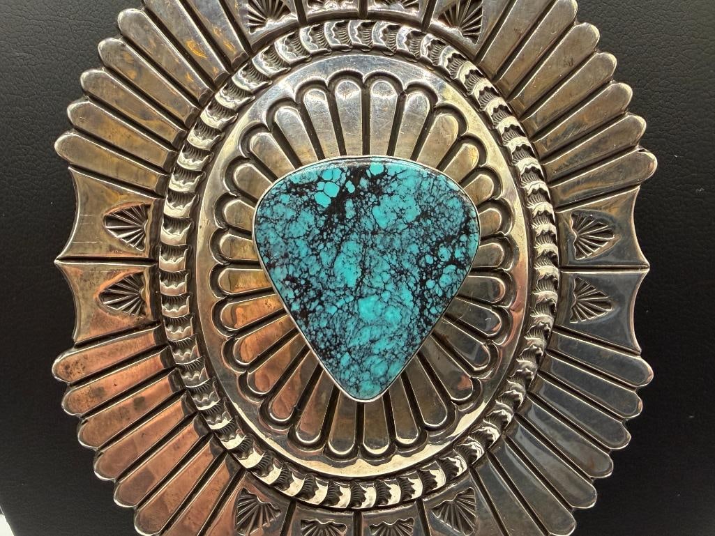 NAVAJO JOHN LA RON BEDONI SR ARTIST SIGNED STERLING SILVER TURQUOISE BOLO TIE - 3