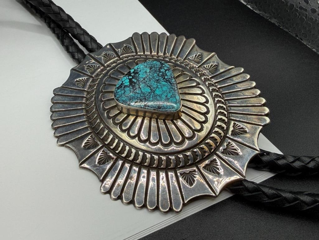 NAVAJO JOHN LA RON BEDONI SR ARTIST SIGNED STERLING SILVER TURQUOISE BOLO TIE - 7