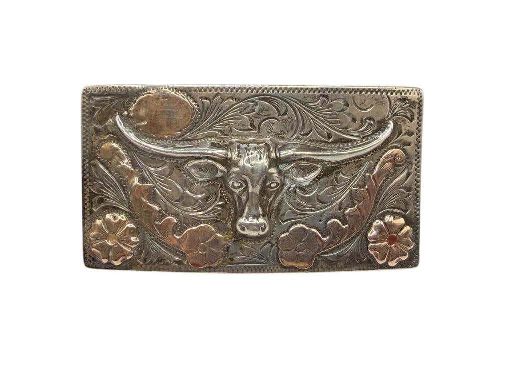 PLAFINA MEXICO ARTISAN SIGNED STERLING SILVER AND 10K YELLOW GOLD LONGHORN BULL BELT BUCKLE (1 of 7)