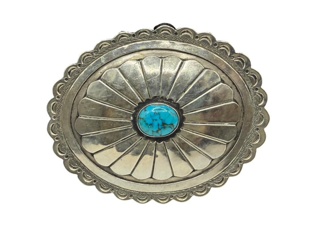 VINTAGE NAVAJO STERLING SILVER TURQUOISE CONCHO BELT BUCKLE: FEATURING ROUND TURQUOISE IN CENTER WITH SUNBURST PATTERN 4", 83.36 GRAMS