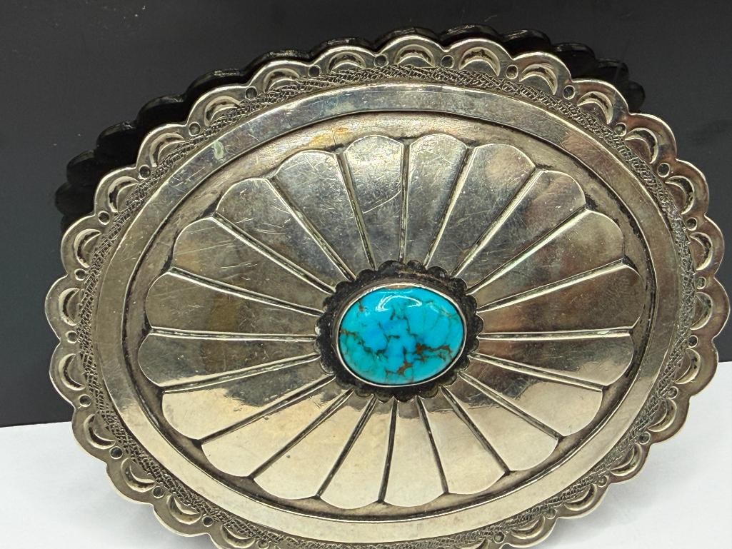 VINTAGE NAVAJO STERLING SILVER TURQUOISE CONCHO BELT BUCKLE - 2