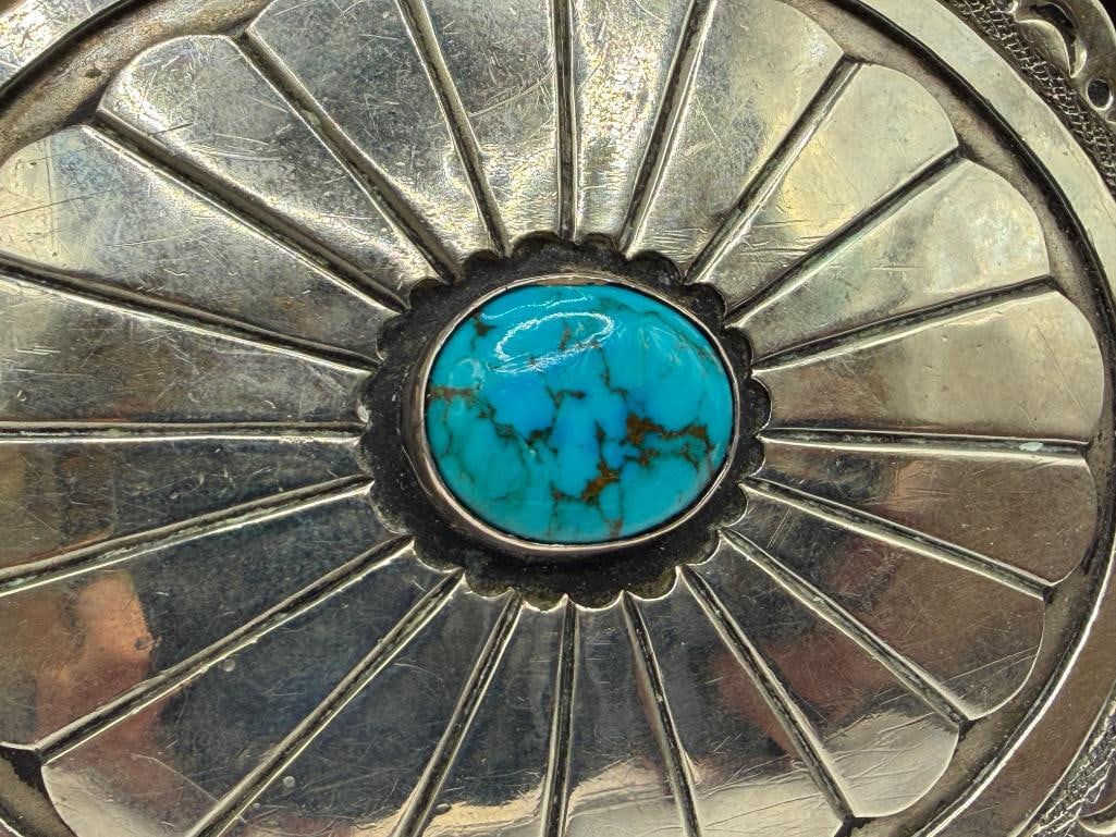 VINTAGE NAVAJO STERLING SILVER TURQUOISE CONCHO BELT BUCKLE - 3