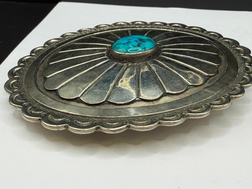 VINTAGE NAVAJO STERLING SILVER TURQUOISE CONCHO BELT BUCKLE - 4