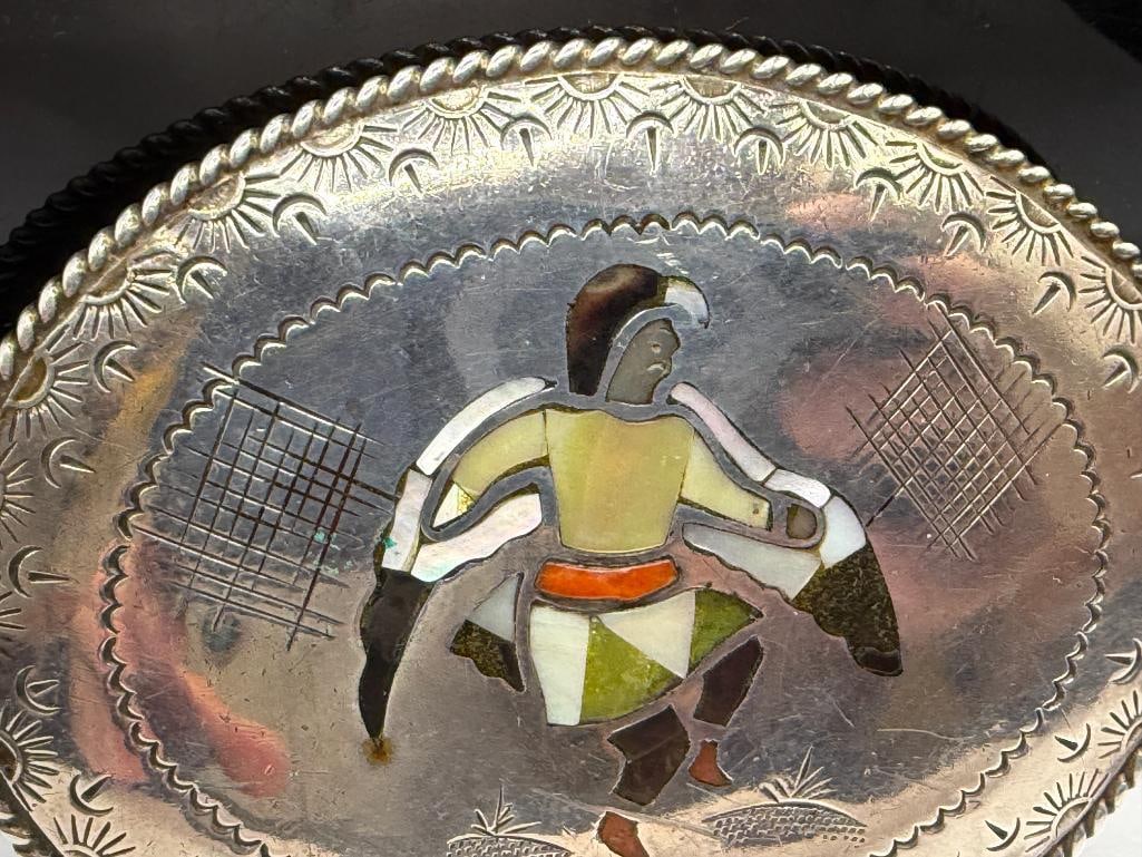 NAVAJO ROBERT BECENTI ARTIST SIGNED STERLING SILVER INLAID THUNDERBIRD DANCER BELT BUCKLE - 2