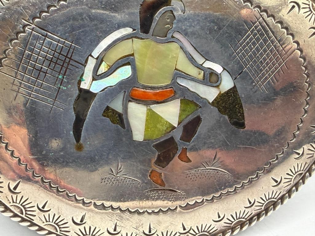 NAVAJO ROBERT BECENTI ARTIST SIGNED STERLING SILVER INLAID THUNDERBIRD DANCER BELT BUCKLE - 3