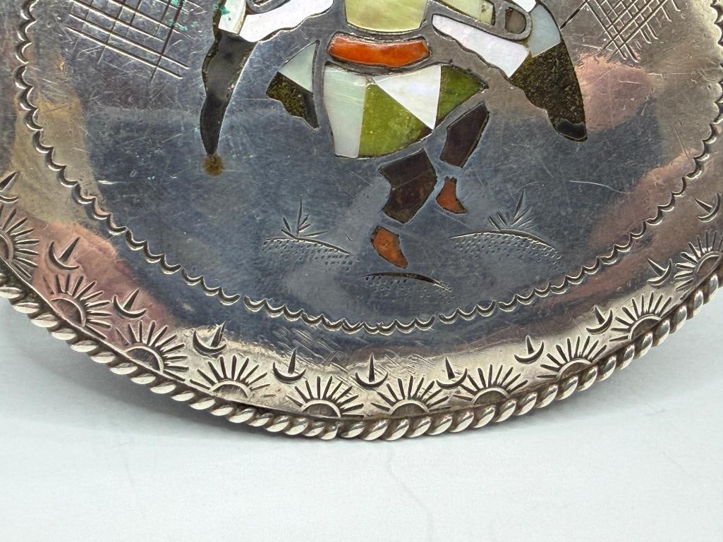 NAVAJO ROBERT BECENTI ARTIST SIGNED STERLING SILVER INLAID THUNDERBIRD DANCER BELT BUCKLE - 4