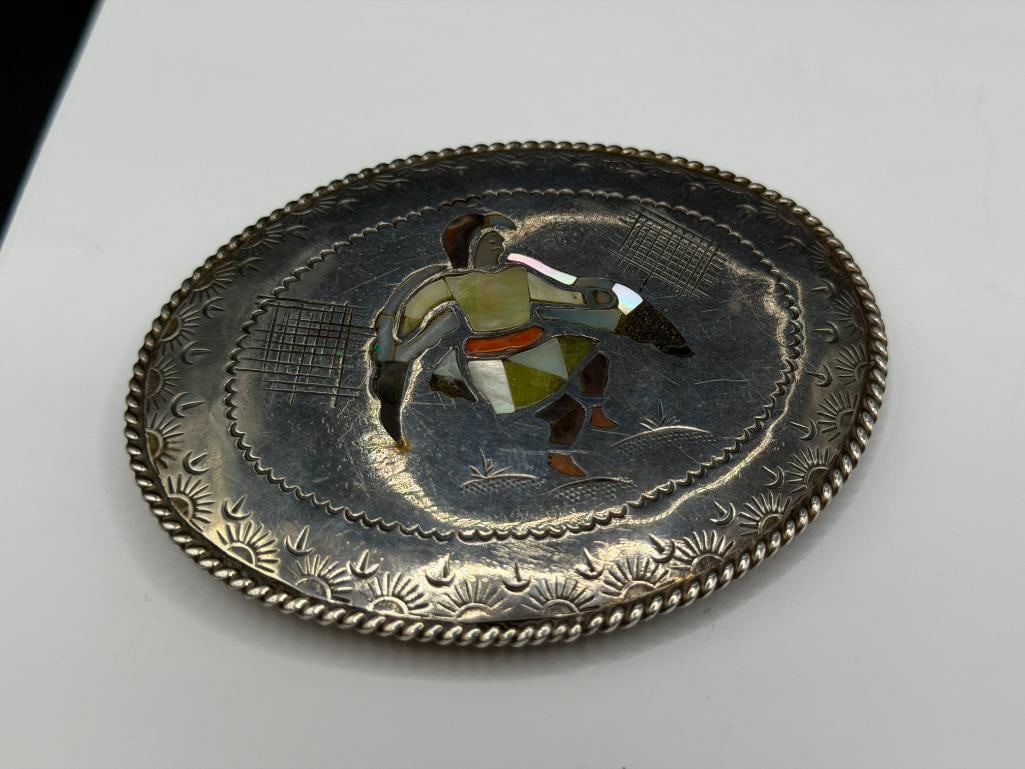 NAVAJO ROBERT BECENTI ARTIST SIGNED STERLING SILVER INLAID THUNDERBIRD DANCER BELT BUCKLE - 5