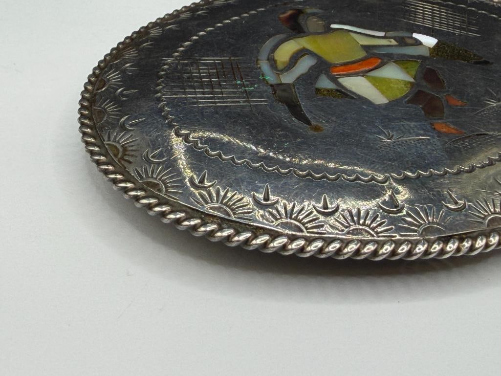 NAVAJO ROBERT BECENTI ARTIST SIGNED STERLING SILVER INLAID THUNDERBIRD DANCER BELT BUCKLE - 6