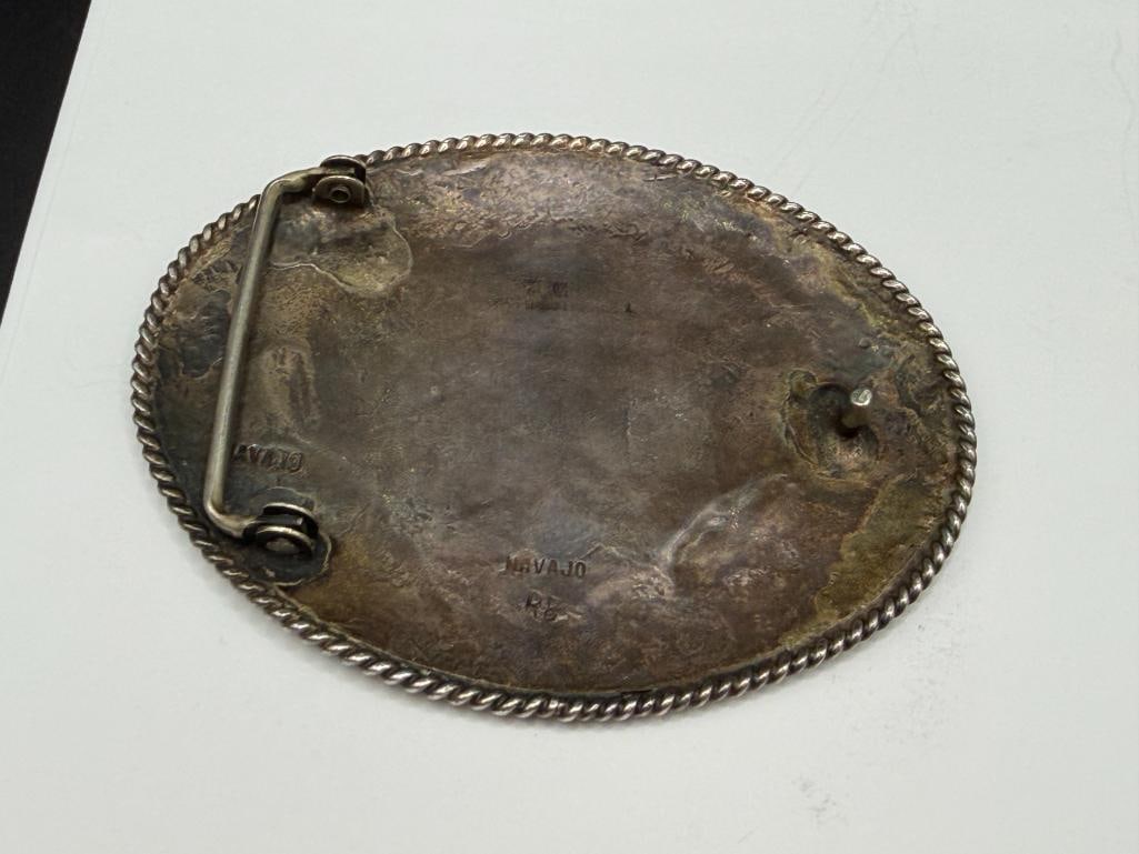NAVAJO ROBERT BECENTI ARTIST SIGNED STERLING SILVER INLAID THUNDERBIRD DANCER BELT BUCKLE - 7