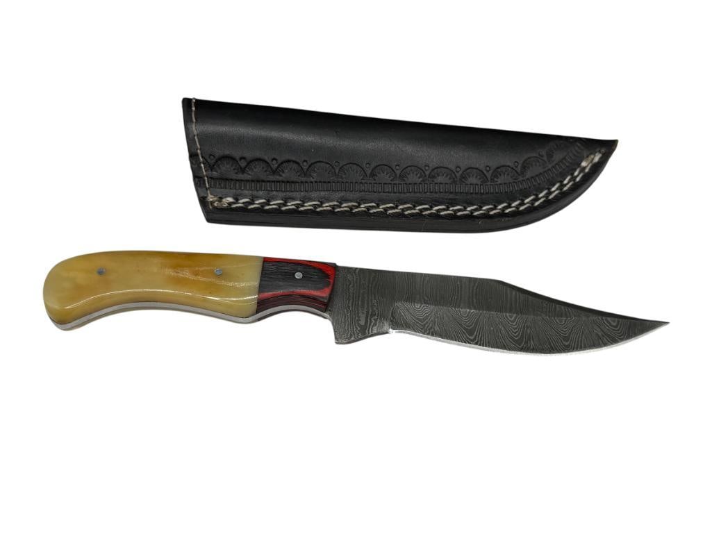 DAMASCUS STEEL FIXED BLADE KNIFE FEATURING FULL TANG BLADE AND BONE HANDLE (1 of 8)