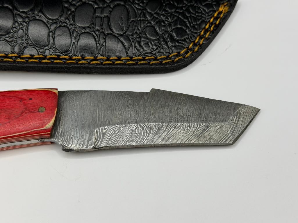 DAMASCUS STEEL FIXED BLADE KNIFE FEATURING UNIQUELY SHAPED DROP POINT BLADE - 2