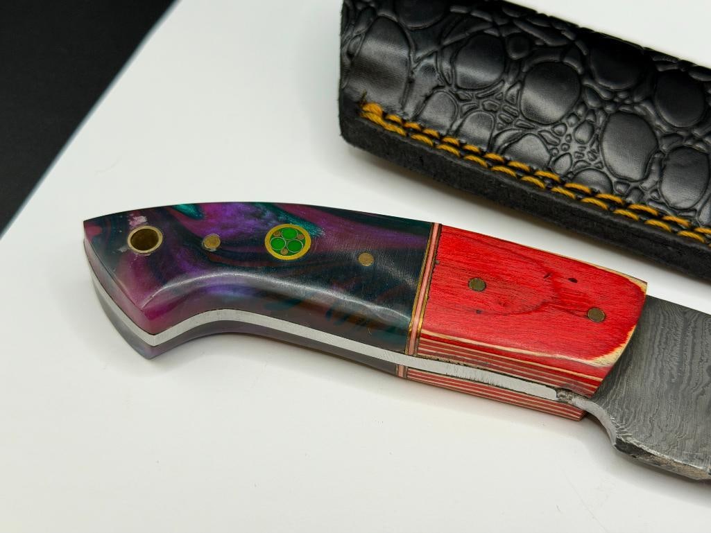 DAMASCUS STEEL FIXED BLADE KNIFE FEATURING UNIQUELY SHAPED DROP POINT BLADE - 4