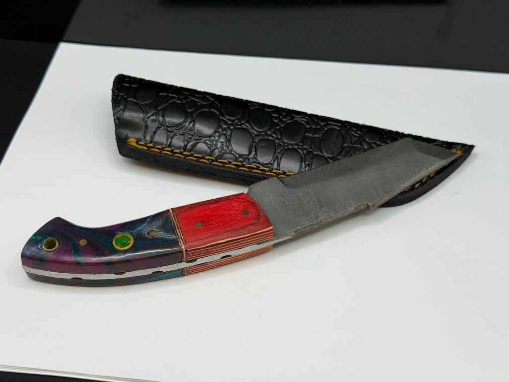 DAMASCUS STEEL FIXED BLADE KNIFE FEATURING UNIQUELY SHAPED DROP POINT BLADE - 5