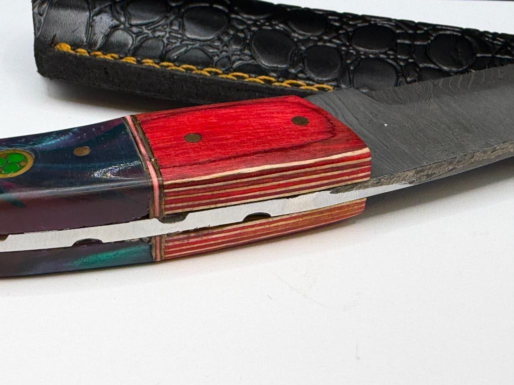 DAMASCUS STEEL FIXED BLADE KNIFE FEATURING UNIQUELY SHAPED DROP POINT BLADE - 6