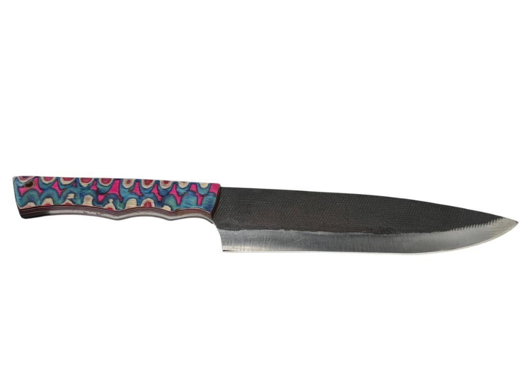 FORGED CARBON STEEL FIXED BLADE BUTCHER KNIFE FEATURING FULL TANG BLADE: ACCENTED BY DYED WOOD HANDLE, DROP POINT BLADE, NEW CONDITION 8" BLADE, 13 1/4" TOTAL LENGTH