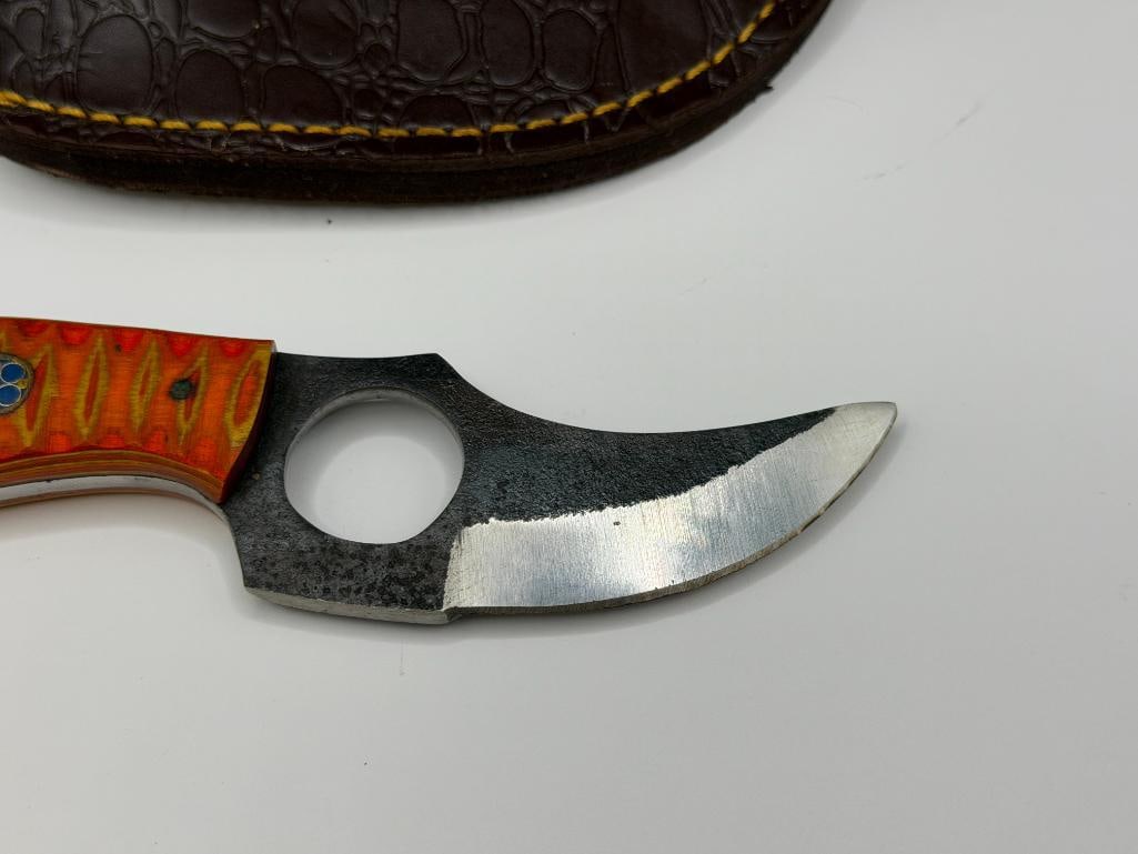 FORGED CARBON STEEL FIXED BLADE SKINNER KNIFE WITH FINGER HOLE AND DYED WOOD HANDLE - 2