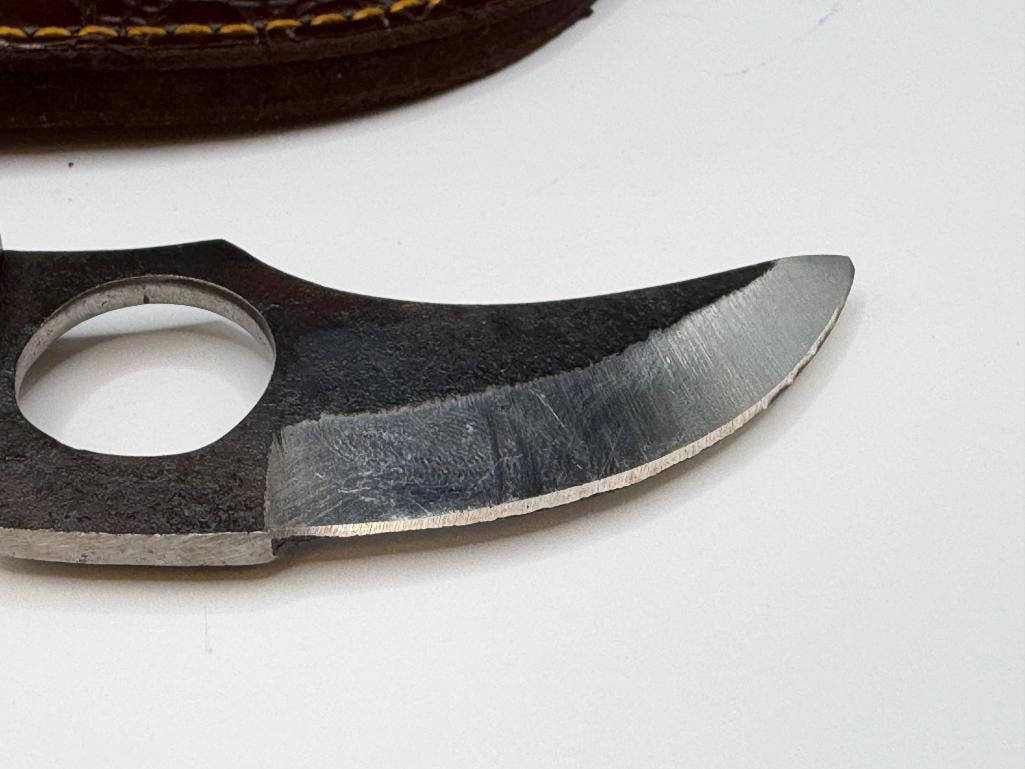 FORGED CARBON STEEL FIXED BLADE SKINNER KNIFE WITH FINGER HOLE AND DYED WOOD HANDLE - 3