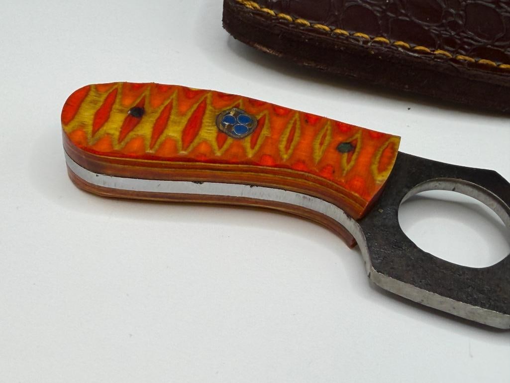 FORGED CARBON STEEL FIXED BLADE SKINNER KNIFE WITH FINGER HOLE AND DYED WOOD HANDLE - 4