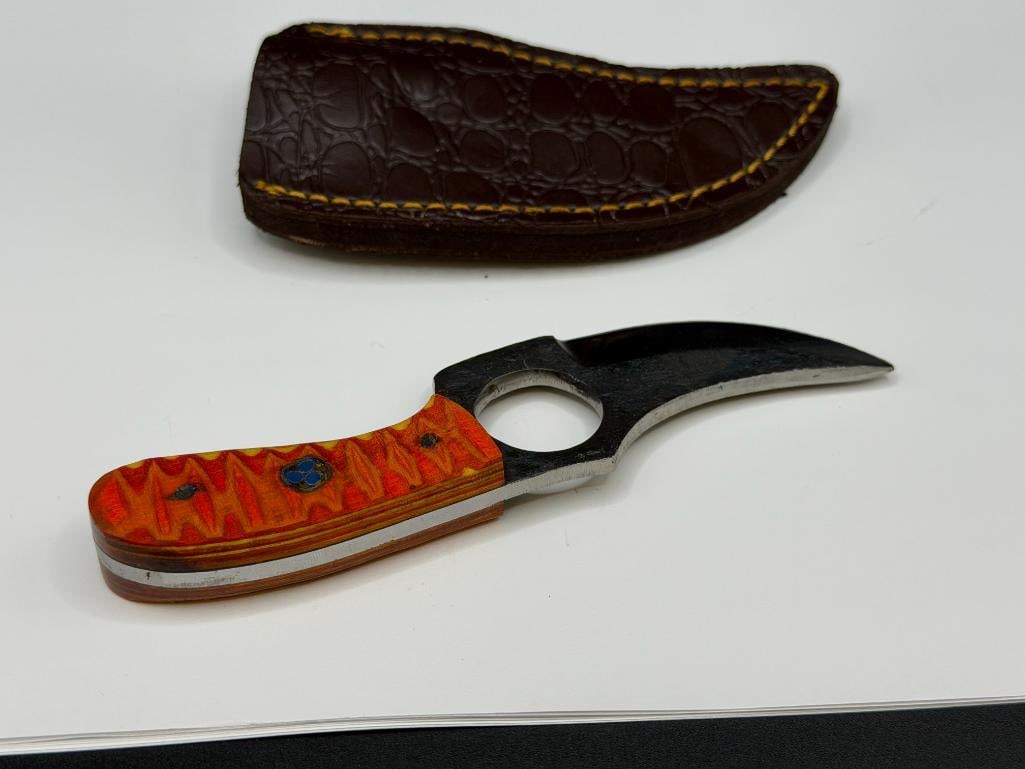 FORGED CARBON STEEL FIXED BLADE SKINNER KNIFE WITH FINGER HOLE AND DYED WOOD HANDLE - 5