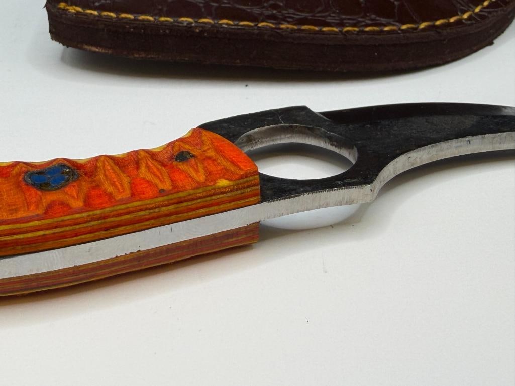 FORGED CARBON STEEL FIXED BLADE SKINNER KNIFE WITH FINGER HOLE AND DYED WOOD HANDLE - 6