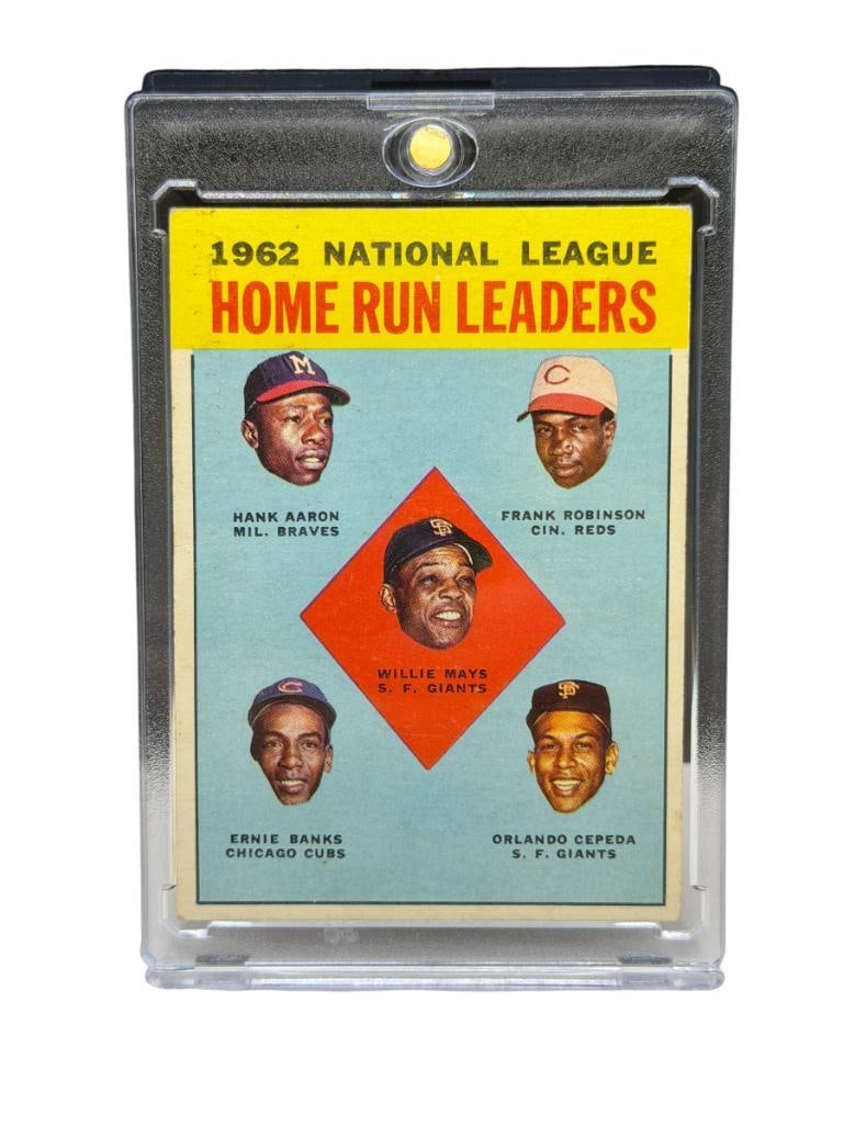 1963 TOPPS #3 NATIONAL LEAGUE HOMERUN LEADERS BASEBALL CARD INCLUDING HANK AARON AND WILLIE MAYS: ALSO INCLUDES FRANK ROBINSON, ORLANDO CEPEDA, AND ERNIE BANKS, SEVERAL HALL OF FAMERS, RARE CARD, SEE PHOTOS FOR CONDITION, FROM THE ESTATE OF A LOCAL RENO, NV DOCTOR AT RENOWN WHO RAN BIG LEAGUE