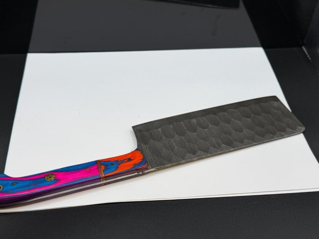 DAMSCUS STEEL FIXED BLADE CLEAVER KNIFE WITH SCALLOPED BALDE - 5