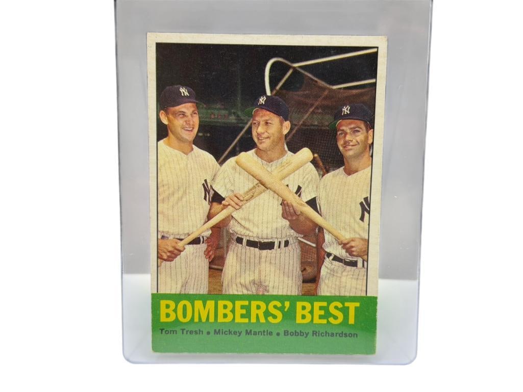 1963 TOPPS #173 BOMBERS' BEST BASEBALL CARD FEATURING MICKEY MANTLE: CARD FEATURES THE NEW YORK YANKEES "BOMBERS' BEST" TRIO OF HITTERS INCLUDING MICKEY MANTLE, TOM TRESH, AND ROBBY RICHARDSON, INCLUDES HALL OF FAMER, RARE CARD, SEE PHOTOS FOR CONDITION, FROM THE ESTAT