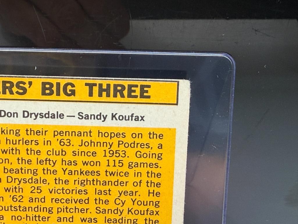 1963 TOPPS #412 DODGERS' BIG THREE BASEBALL CARD FEATURING SANDY KOUFAX, JOHNNY PODRES, DON DRYSD... - 12