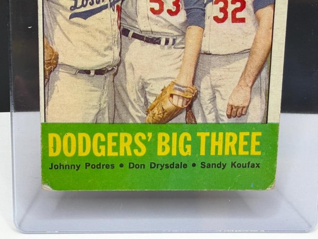 1963 TOPPS #412 DODGERS' BIG THREE BASEBALL CARD FEATURING SANDY KOUFAX, JOHNNY PODRES, DON DRYSD... - 3