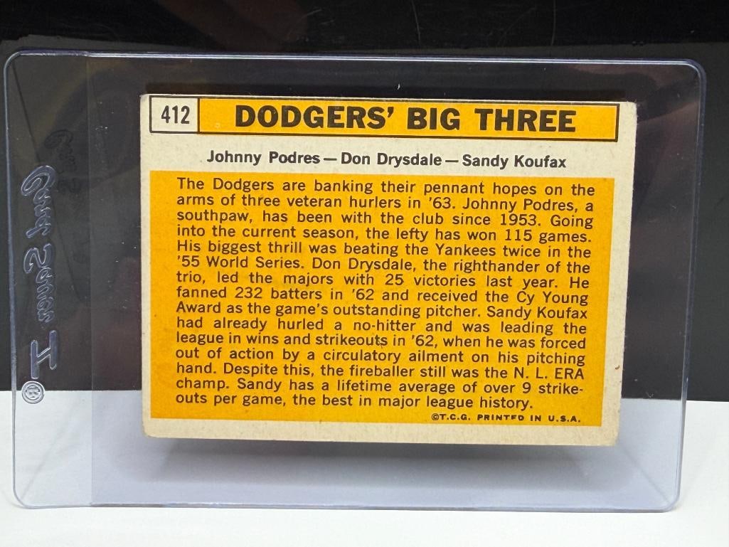 1963 TOPPS #412 DODGERS' BIG THREE BASEBALL CARD FEATURING SANDY KOUFAX, JOHNNY PODRES, DON DRYSD... - 8