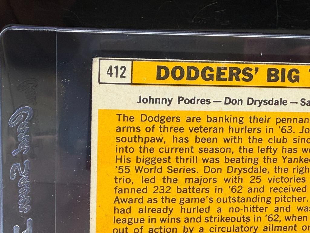 1963 TOPPS #412 DODGERS' BIG THREE BASEBALL CARD FEATURING SANDY KOUFAX, JOHNNY PODRES, DON DRYSD... - 9
