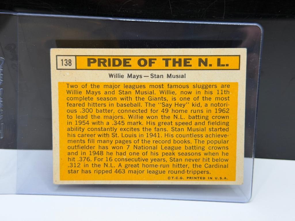 1963 TOPPS #138 PRIDE OF N.L. WILLIE MAYS AND STAN MUSIAL BASEBALL CARD - 8