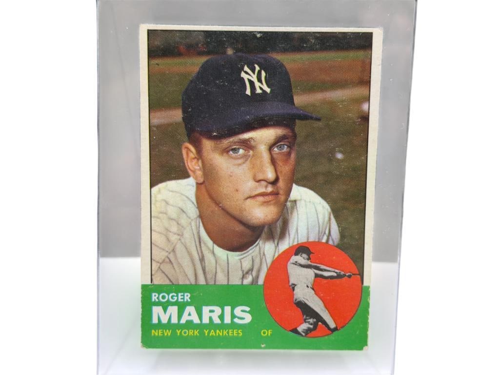 1963 TOPPS #120 ROGER MARIS BASEBALL CARD: ROGER MARIS, NEW YORK YANKEES, HALL OF FAMER, RARE CARD, SEE PHOTOS FOR CONDITION, FROM THE ESTATE OF A LOCAL RENO, NV DOCTOR AT RENOWN WHO RAN BIG LEAGUE SPORTS MEDICINE BASEBALL CAMP FOR NEARLY