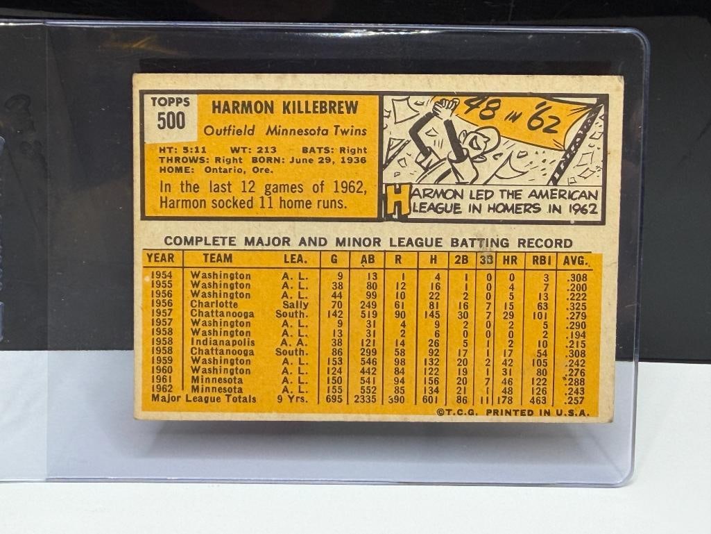 1963 TOPPS #500 HARMON KILLEBREW BASEBALL CARD - 8