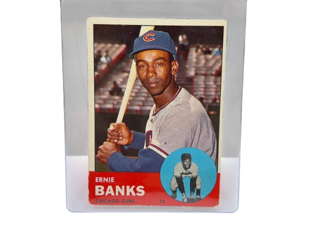 1963 TOPPS #380 ERNIE BANKS BASEBALL CARD: ERNIE BANKS, CHICAGO CUBS, HALL OF FAMER, RARE CARD, SEE PHOTOS FOR CONDITION, FROM THE ESTATE OF A LOCAL RENO, NV DOCTOR AT RENOWN WHO RAN BIG LEAGUE SPORTS MEDICINE BASEBALL CAMP FOR NEARLY 20 