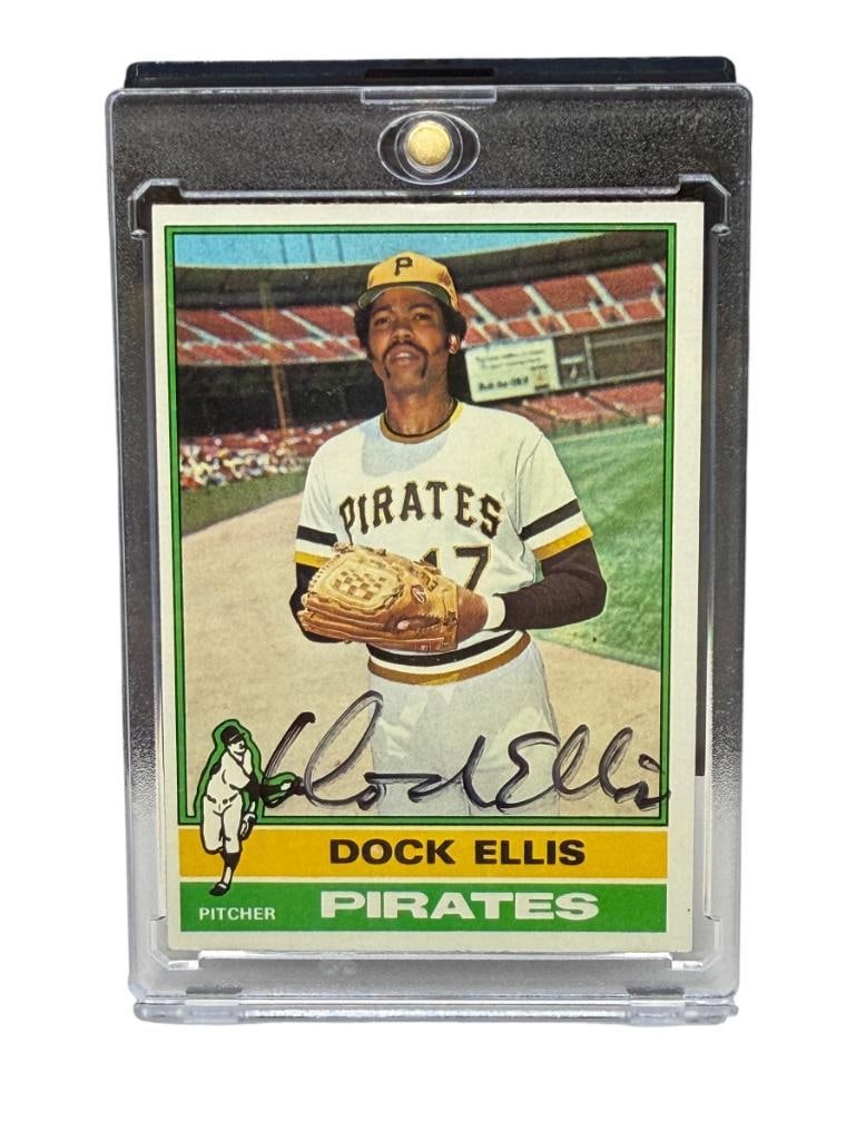 AUTOGRAPHED 1976 TOPPS #528 DOCK ELLIS BASEBALL CARD: DOCK ELLIS, PITTSBURGH PIRATES, AUTOGRAPHED IN BLACK SHARPIE, RARE CARD, SEE PHOTOS FOR CONDITION, FROM THE ESTATE OF A LOCAL RENO, NV DOCTOR AT RENOWN WHO RAN BIG LEAGUE SPORTS MEDICINE BASEBALL CAMP