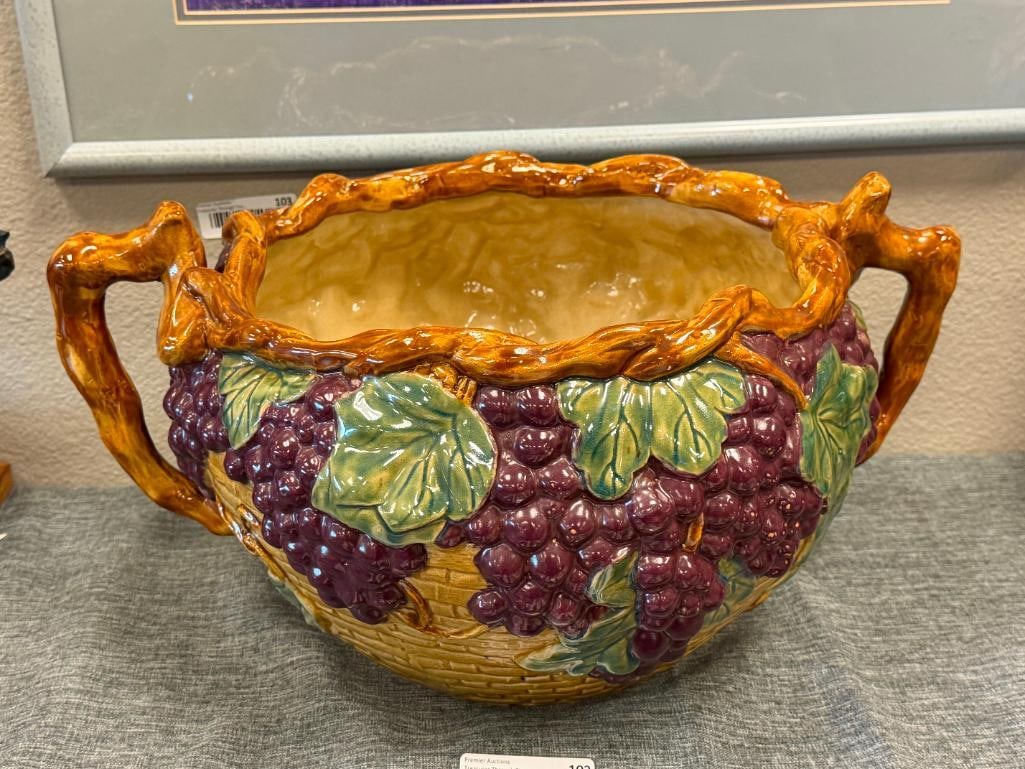 LARGE CERAMIC WOVEN BASKET WITH GRAPEVINE RIM ANF VINE RIM WIITH APPLIED HANDLES - 7