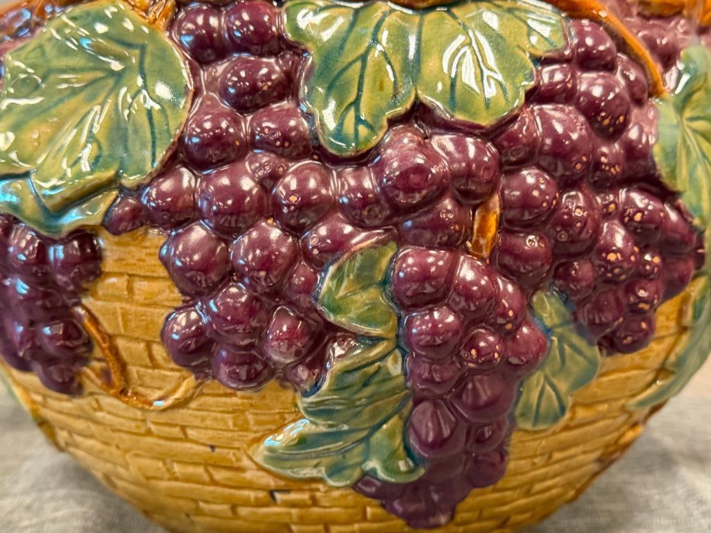 LARGE CERAMIC WOVEN BASKET WITH GRAPEVINE RIM ANF VINE RIM WIITH APPLIED HANDLES - 8