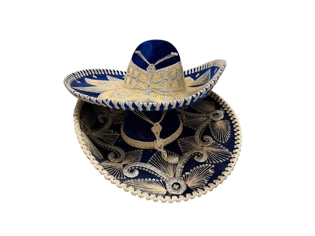 CALIDAD EXTRA AND JU-LA HATS VELVET MARIACHI SOMBREROS FEATURING BLUE VELVET WITH WHITE AND SILVER: INCLUDING ONE WITH HORSESHOE MOTIF ON BRIM, BOTH IN GOOD CONDITION LARGEST IS 22", APPROX. SIZE 7 1/4