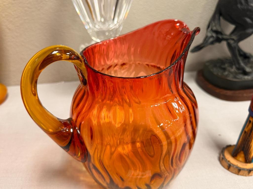 VINTAGE HAND BLOWN ART GLASS AMBERINA PITCHER - 2