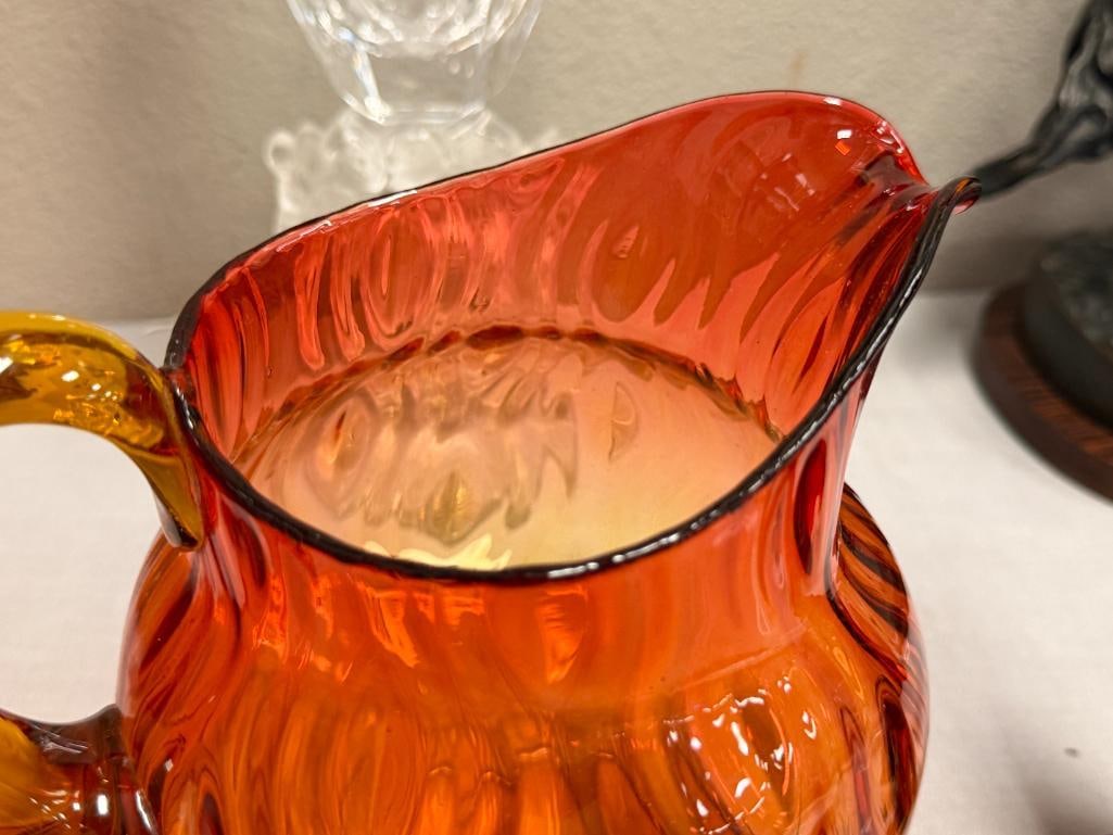 VINTAGE HAND BLOWN ART GLASS AMBERINA PITCHER - 3