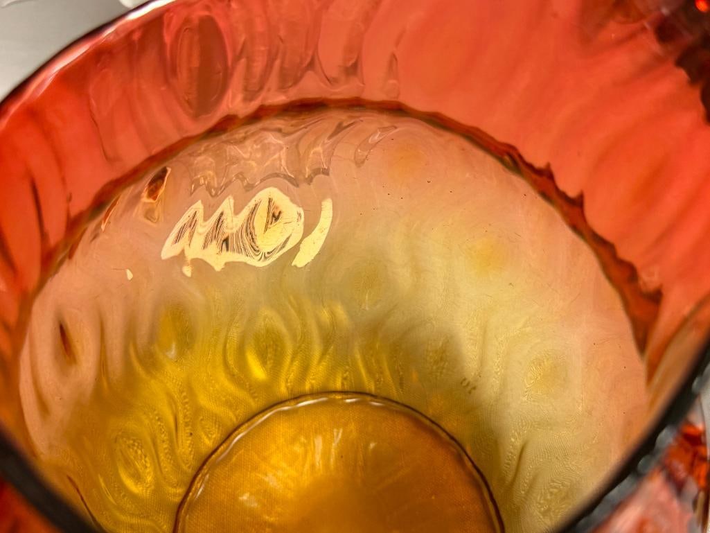 VINTAGE HAND BLOWN ART GLASS AMBERINA PITCHER - 4