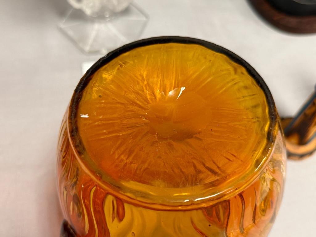 VINTAGE HAND BLOWN ART GLASS AMBERINA PITCHER - 5