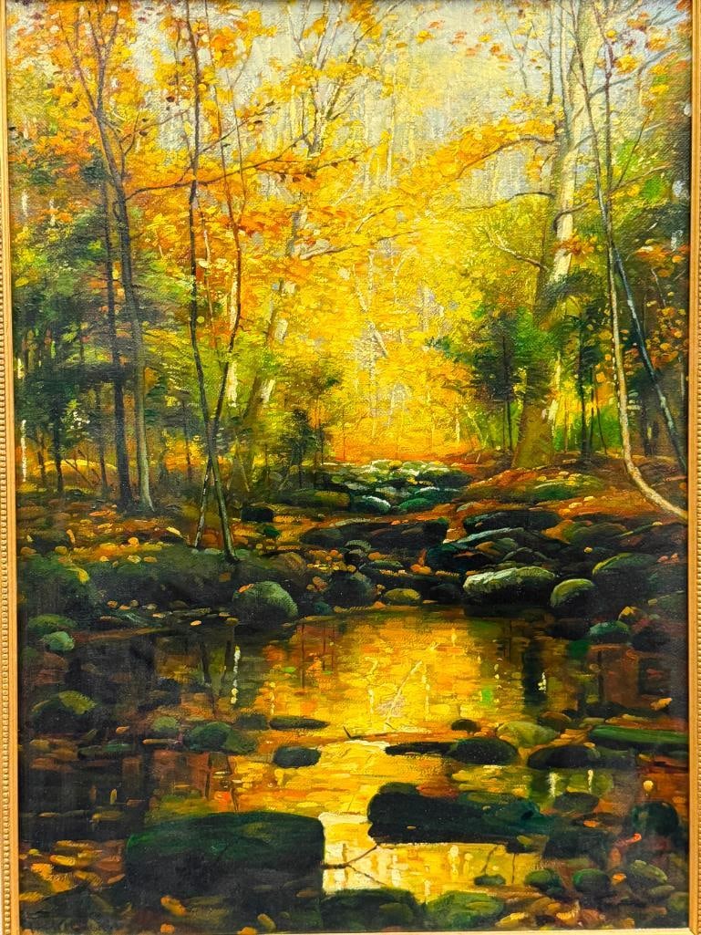 WILLIAM BLISS BAKER AMERICAN ARTIST ORIGINAL OIL ON CANVAS RECREATION WOODLAND BROOK HERITAGE HOUSE - 2