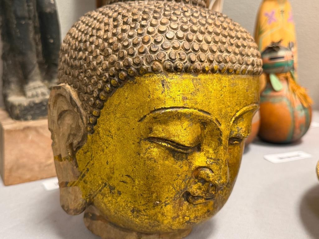 HEAVY CONCRETE GOLD GILT BUDDHA HEAD SCULPTURE OVER 20 POUNDS - 2