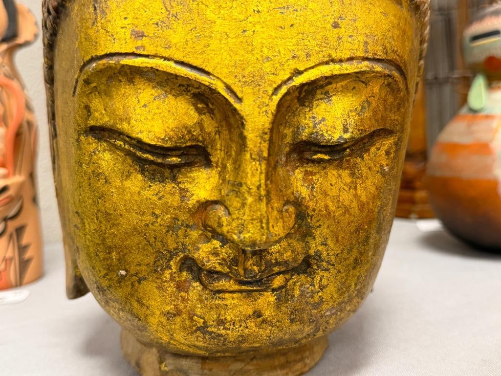 HEAVY CONCRETE GOLD GILT BUDDHA HEAD SCULPTURE OVER 20 POUNDS - 3